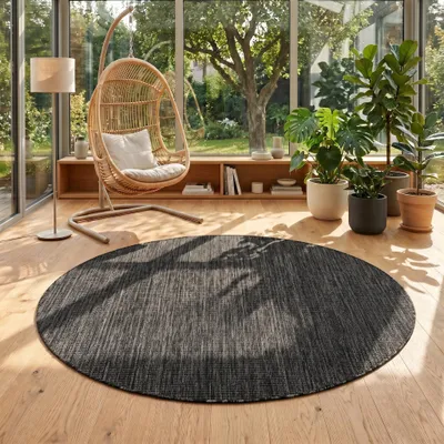 Produktbild von Carpetsale24 Outdoor Teppich Schwarz Rund 160 cm Balkon Terrasse Garten Wetterfest UV-beständig Groß Einfarbig Flachgewebe Pflegeleicht Robust