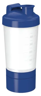 Produktbild von Shaker 400 ml "Protein" Pro 2 - Fitness Shaker für Eiweiß- & Sportgetränke - Gym Shaker mit herausnehmbarem Sieb & zwei abnehmbaren Kammern - transparent/standard-blau PP