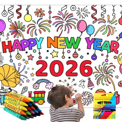Immagine prodotto di Tovaglia per tavolo da festa per bambini, tema Capodanno, "Buon Anno 2026", dimensioni 183 x 76 cm, con 24 matite colorate