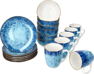 Obrázek produktu pro Snídaňová sada Marina 18 ks modrý malý talíř miska hrnek porcelán 6 osob