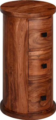 A tall, cylindrical wooden cabinet with three drawers.
