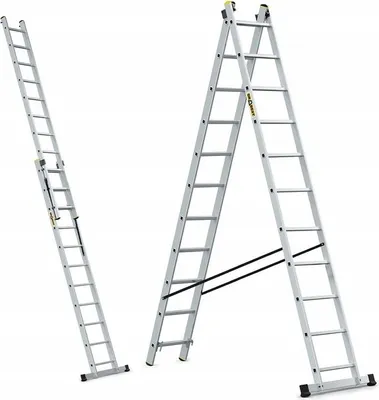 Two aluminum ladders are shown against a white background. One is extended and leaning, the other is in an A-frame configuration.