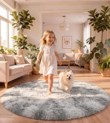 Imagen del producto de Omgoods - Alfombra redonda para sala de estar, 150 cm - Gris claro, de pelo alto, lavable y antideslizante