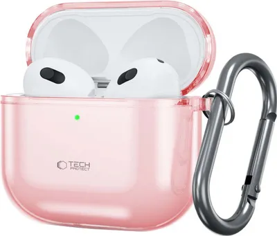 A pink transparent case for Apple AirPods 3 with a carabiner clip attached.