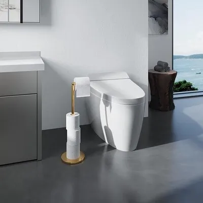 Produktbild von Stehender Toilettenpapierhalter aus goldenem Edelstahl 304 mit robustem Standfuß, zusammenklappbar, rostfrei, ideal für die Aufbewahrung im Badezimmer