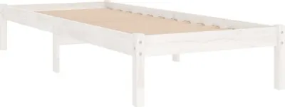 A white wooden single bed frame with a slatted base.