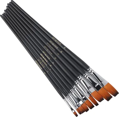 Image de Set professionnel de 9 pinceaux d'artiste en nylon avec pointe fine et plate et long manche