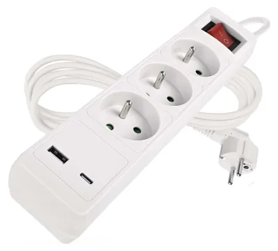 Prodlužovací kabel 2 m / 3 zásuvky / s vypínačem / bílý / 1×USB-A + 1×USB-C / 1,5 mm2