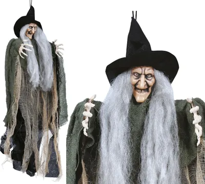 Immagine prodotto di Strega Decorazione di Halloween Figura Spaventosa Smorfia Capelli Grigi Cappello Nero Spaventoso, Colore: Grigio