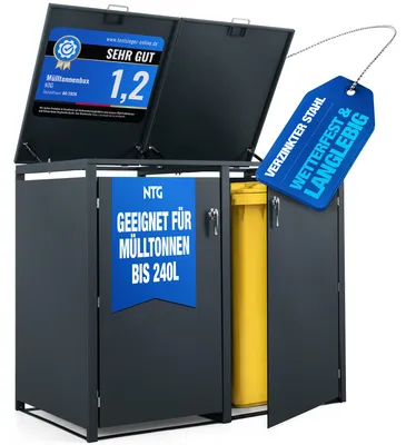 Produktbild von 2x Mülltonnenbox 240L Anthrazit – Mülltonnenverkleidung / Mülltonnenhaus aus verzinktem Stahl mit Soft-Close Deckel, Schloss & Belüftung