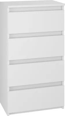 A white chest of drawers with four drawers.