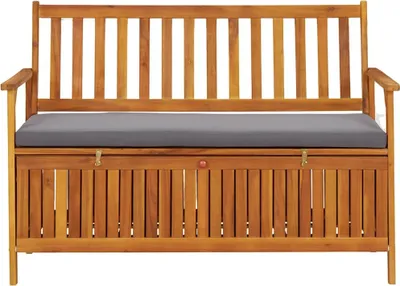 A wooden garden bench with storage and a gray cushion, shown from the front.