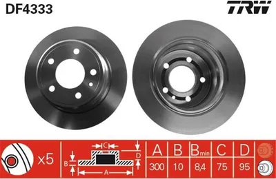 Produktbild von 2x TRW Bremsscheibe DF4333 für BMW 5 Limousine (E34) 5 Touring (E34) 95mm 300mm