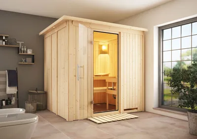 Produktbild von Karibu Sauna Innensauna Daria Fronteinstieg Ofen 3,6 kW -Ofen externe Strg. easy 210x184x202 cm mit Dachkranz  mit Klarglastür