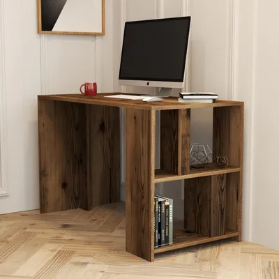 Produktbild von Skye Decor, Hochwertiger Schreibtisch, Walnuss, 120 x 75,4 x 60 cm | 100% melaminbeschichtete Spanplatte, 18 mm dick | Mit zahlreichen Regalen, wandmontierbar, elegantes Design.
