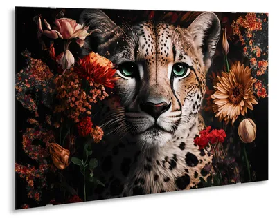 Produktbild von STYLER Glasbild 80x120 cm Löwe mit Blumen Naturmotiv modernes Wandbild Glasdekoration für Wohnzimmer Schlafzimmer Büro GLASSPIK LEO FLOWER
