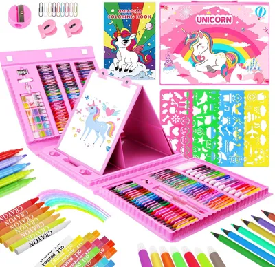 Productafbeelding van 208 stuks eenhoornkunstset voor kinderen, kleursets met meisjes, kleurboek, oliepastels en potloden, tekensets en kunstbenodigdheden voor kinderen