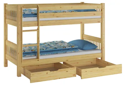 Produktbild von Kinderstockbett aus Massivholz mit wählbarem Zubehör, Liegefläche 90x200 V-60.12-09Ni70Rollrost. Matratzen und Doppelbettkasten inkl.