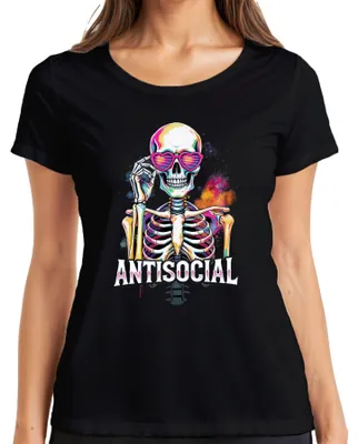 Immagine prodotto di Maglietta da donna antisociale con scheletro, cuori, teschi e motivi colorati in stile retrò per Halloween, nera, taglia L
