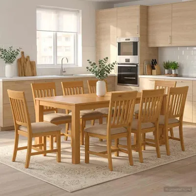 Imagen del producto de Conjunto de mesa y sillas para comedor, 9 piezas, color beige, madera maciza de roble