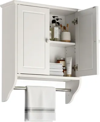 Produktbild von Relaxdays Hängeschrank Bad, 2 Fächer, Handtuchstange, HxBxT: 55 x 48 x 16 cm, Landhausstil, Wandschrank, weiß/silber