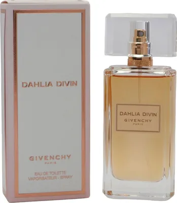 Eleganter Flakon von Dahlia Divin Givenchy mit goldener Flüssigkeit, klarer Verschlusskappe und beiger Box mit roségoldenem Rahmen.
