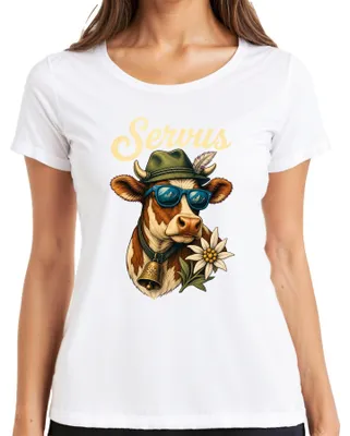 Productafbeelding van Servus Kuh Edelweiß zonnebril, Beierse kleding, lederen broek, dirndl, dames T-shirt, wit, maat M