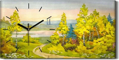Produktbild von Wanduhr Bürouhr Leinwand Bild 60x30 Malerei Wald Bäume Pfad Natur Kunst - schwarze Hände