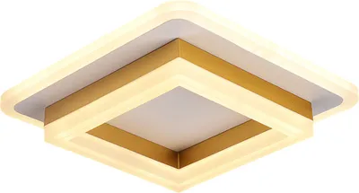 A modern, square-shaped ceiling light with layered gold and white elements, illuminated from within.