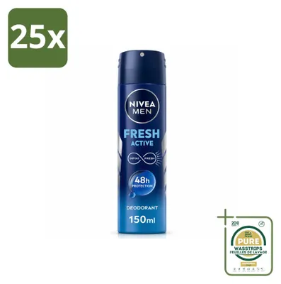 Imagen del producto de 25 aerosoles desodorantes NIVEA MEN Fresh Active, 150 ml, pack de ahorro, 25 unidades