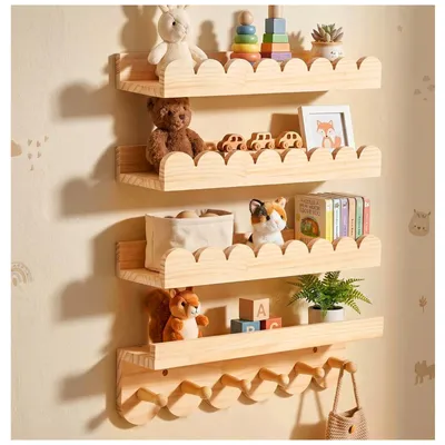 Wandregal-Set 4-tlg. aus Massivholz, Wolkendesign, Montessori, 40x8x5 cm