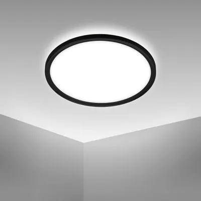 Image de Plafonnier LED ultrafin salle de bain 290mm rond 18W 2400lm 4000K lumière blanche neutre fond lumineux noir lampe plafond IP44 salle de bain cuisine