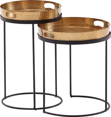 Produktbild von Beistelltisch 2er Set Gold / Schwarz Metall Hammerschlag Satztisch Rund | Couchtisch abnehmbares Tablett | Tabletttisch Sofa 2 teilig Modern | Runder Sofatisch