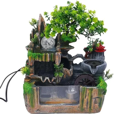 Image de Fontaine d'intérieur - Fontaine de table - Cascade - Aquarium - Éclairage LED - Brume - 30x18x33 cm - Résine - 220 V - Marron/Vert