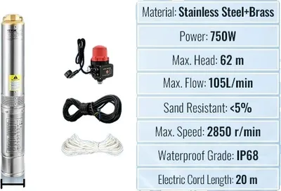 Image de Pompe submersible pour puits profonds, puissance 750 W, commutation automatique 750 W, UE