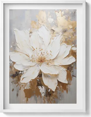 Produktbild von Zarte gemalte Blume– Wandbild mit Rahmen – Gerahmtes Bild  – Wanddekoration – 60x80 cm –  Weiß Rahmen