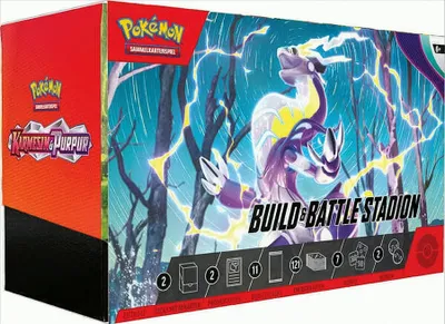 A box of Pokémon trading cards, specifically a Build & Battle Stadium set, featuring artwork of a dragon-like Pokémon amidst a stormy, lightning-filled background.