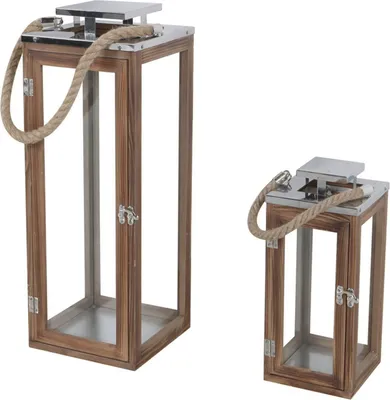 Produktbild von 2er XL Holz-Laternen-Set Windlicht Gartenlaterne Edelstahldach