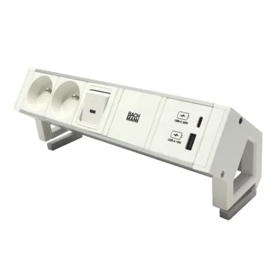Obrázek produktu pro BACHMANN Systém DESK 2, 2x zásuvka CZ, zdroj 22W (USB A+C), vypínač, bílý/stříbrný + bílé moduly (937.410) (19.07.0411)