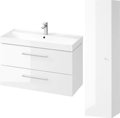 Produktbild von BADLAND Badmöbel Set LARGA 100 Waschbecken-Unterschrank, Hochschrank 160, Türen mit Spiegel, Weiß, Silber Möbelgriffe