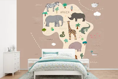 Produktbild von MuchoWow® Fototapete für Wohnzimmer oder Schlafzimmer Wandtapete Vinyl Motivtapete Weltkarte - Kinder - Afrika - Tiere - Jungen - Mädchen - 600x400 cm - Vinyltapeten