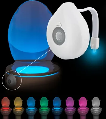A toilet with a motion-activated LED light that changes colors.