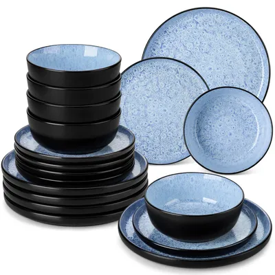 Image de Service de table Vancasso pour 6 personnes, gamme AURA, vaisselle en grès, ensemble de 18 pièces, compatible lave-vaisselle, couleur bleue