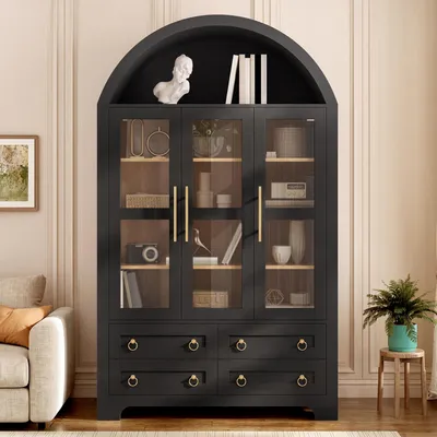 Productafbeelding van Flieks hoge kast met 3 deuren, 4 lades en een open vak met een ronde boog, dressoir met aluminium handgrepen, opbergkast, zwart
