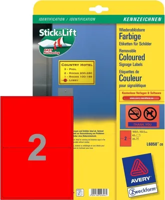 Obrázok produktu pre Odnímateľné štítky 199,6x143,5 mm červené 40x kusov