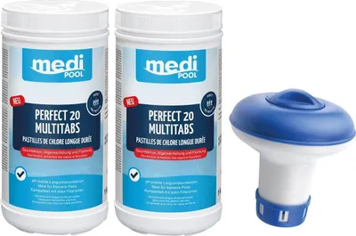 Produktbild von mediPOOL Pflege-Set 3 in 1 Perfect 20 MultiTabs 2x 1 kg (Tabs je 20g) und 1 Mini-Dosierschwimmer