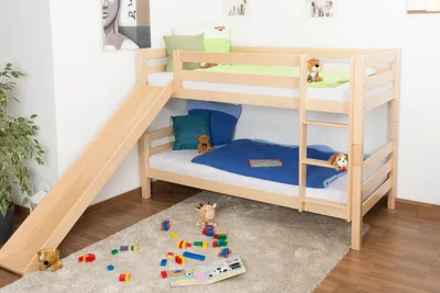 Produktbild von Etagenbett / Spielbett David Buche massiv natur mit Rutsche, inkl. Rollrost - 90 x 200 cm, teilbar