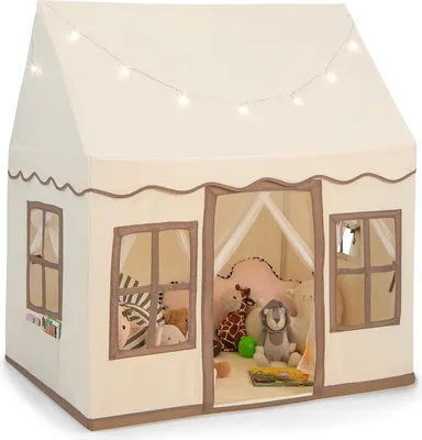 Produktbild von COSTWAY Kinderspielhaus mit Sternenlichtern, Prinzessin Prinzess Kinderzelt mit Fenstern & Netzvorhängen, Kinderspielzelt Spielzelt Spielhaus für Jungen und Märchen (Hellbraun)