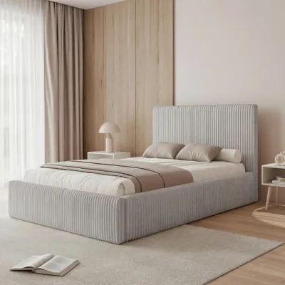 Productafbeelding van Gestoffeerd bed BONZO, 160x200 cm, lichtgrijs, met opbergruimte en lattenbodem, bekleed met cordura stof
