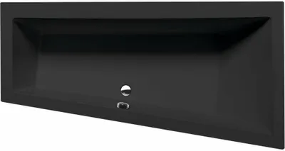 A black bathtub with a drain.